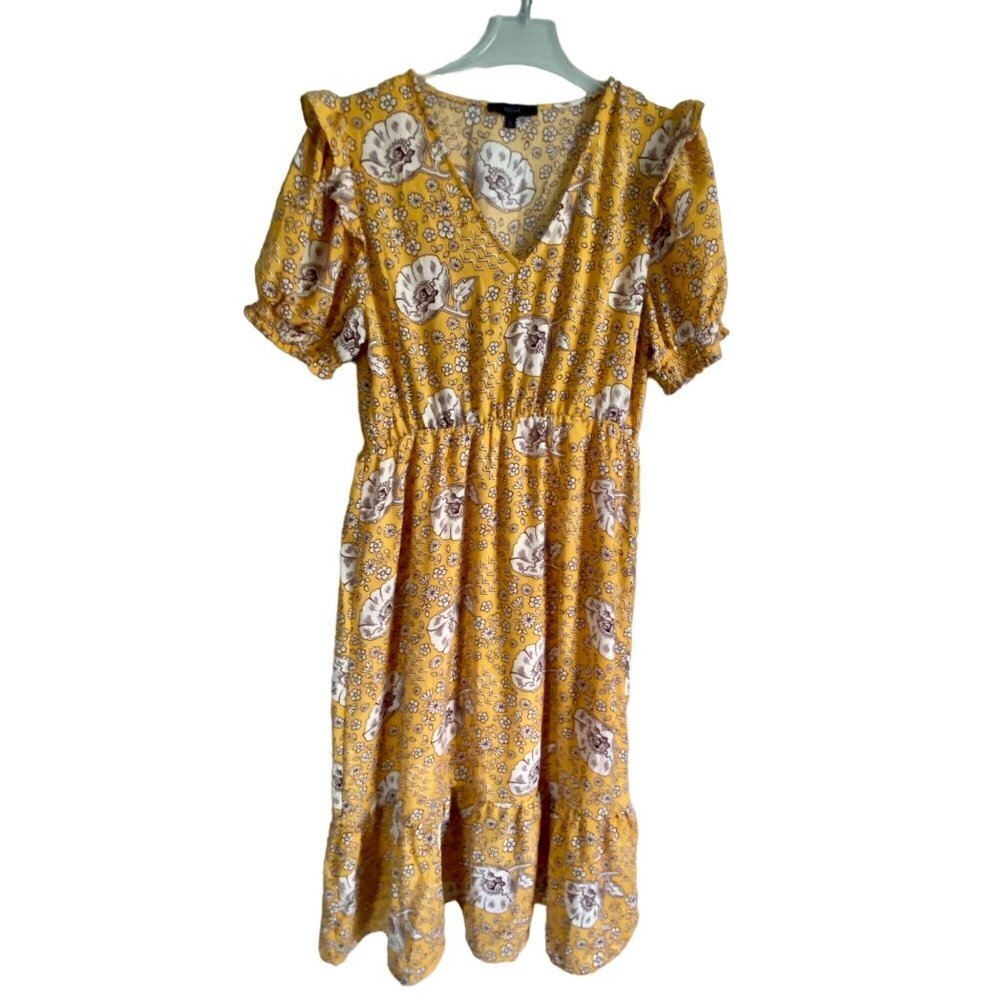 Eclair Short Sleeve Yellow Floral Pull Over Elastic Waist Dress Women's XL
